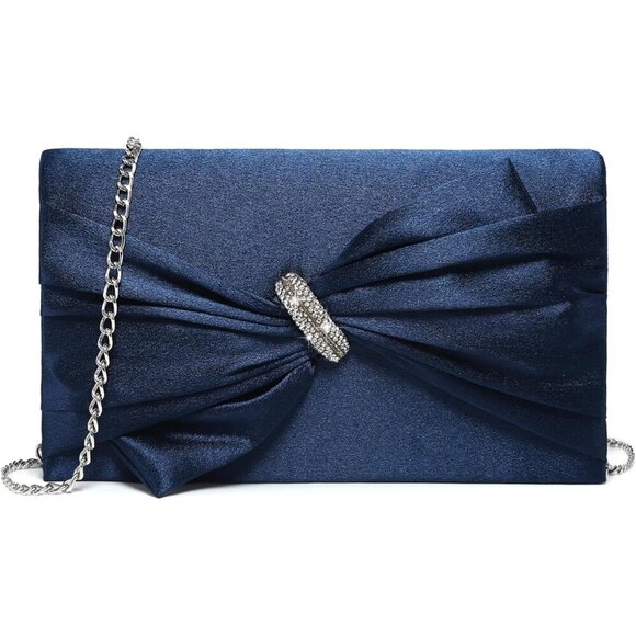 Women Navy Satin Bow Flap Clutch with Rhinestones Compact Evening Bag